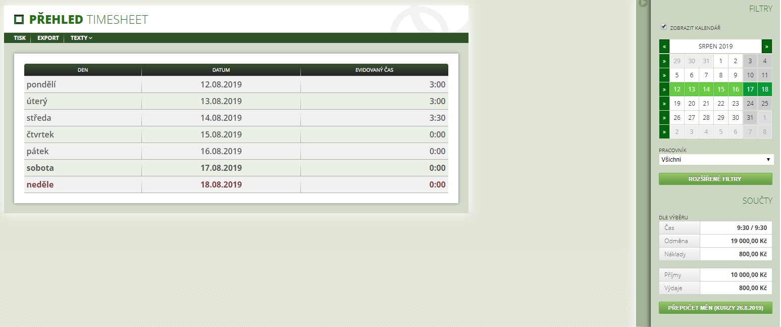 Přehled Timesheet